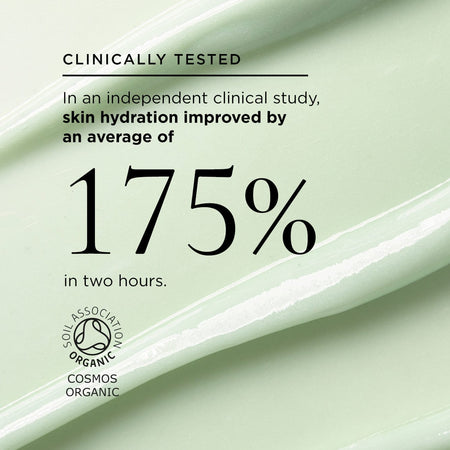 Comfort food mask texture with stat: In an independent clinical study, skin hydration improved by an average of 175% in two hours. Features the Soil Association Organic COSMOS Logo